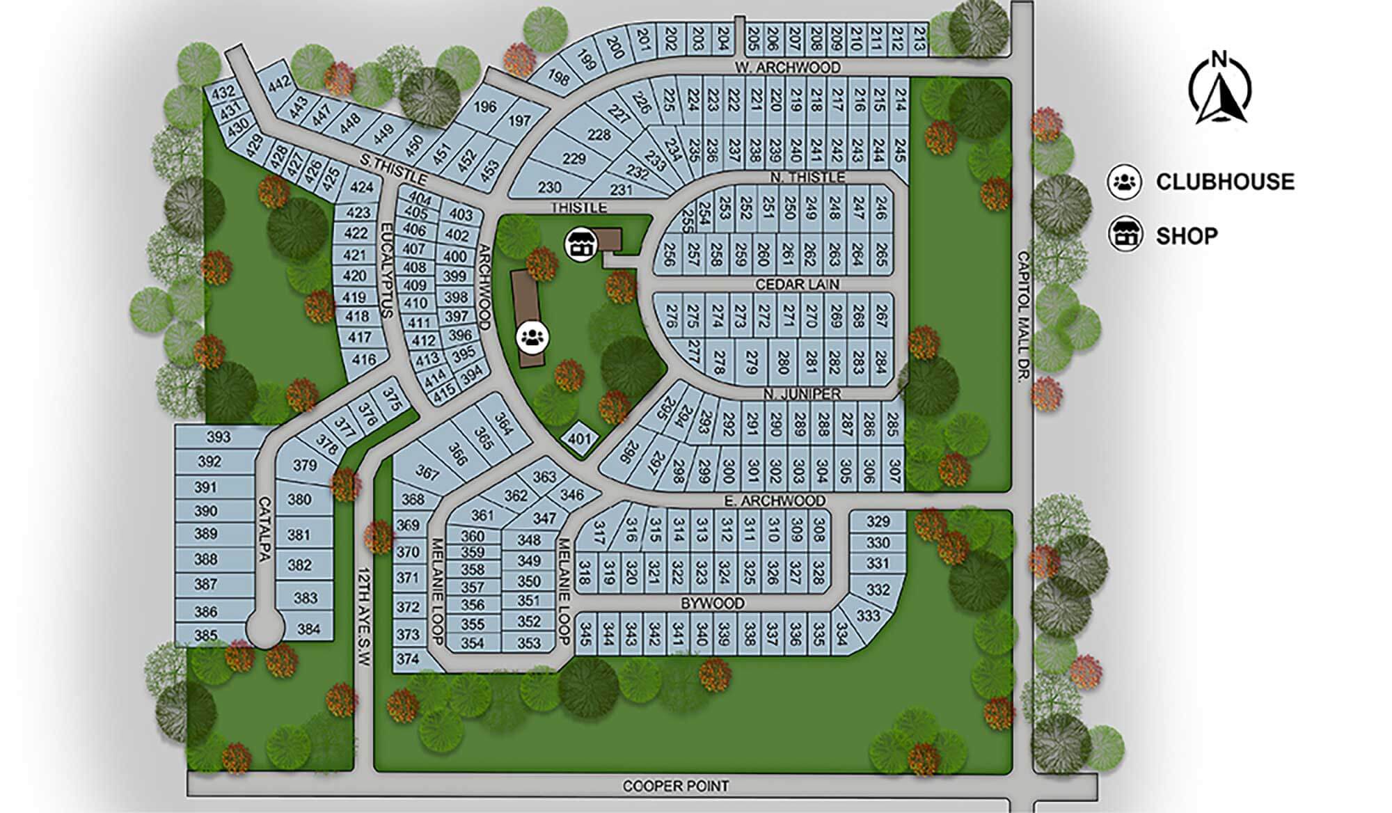 Olympia manufactured homes community sitemap lays out lots, homes and amenities.