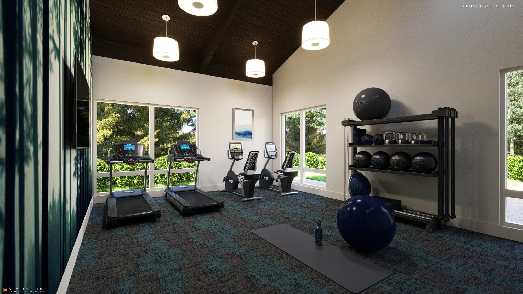 Modern fitness room with dumbells, cardio machines and other equipment.